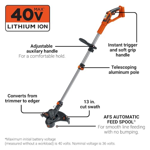 BLACK+DECKER 40V MAX 13 in String Trimmer Edger Cordless with Adjustable Telescoping Pole, 2 in 1 Weed Wacker Lawn Edger, Includes Battery and Charger (LST136) - style: 40V Trimmer Kit