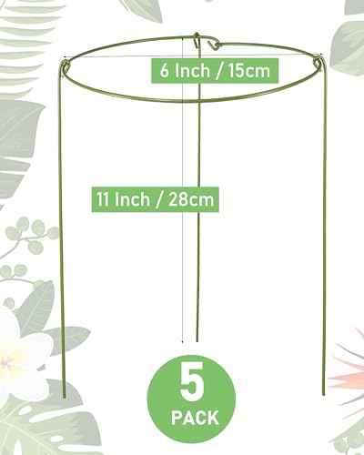 5 Pack Plant Support Stakes, Adjustable Plant Ring Cages with Green Rubber Wrapping, Ideal for Orchids, Indoor and Outdoor Potted Plants, 6" Wide x 11" High - size: 6" Wide x 11" High