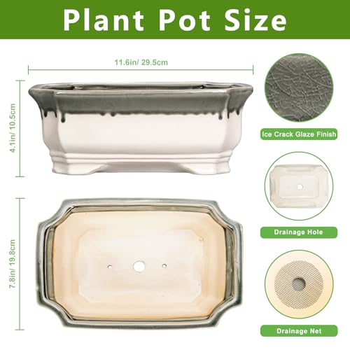 Ceramic Bonsai Pots - 11.6 Inch Succulent Planters for Indoor Outdoor Plants, Bonsai Tree Pots with Drainage Hole, Large Shallow Planter, Patio Decor, Women Men Gifts, Rectangular Beige-Grey - color: Rectangular Beige-grey, size: 11 Inch