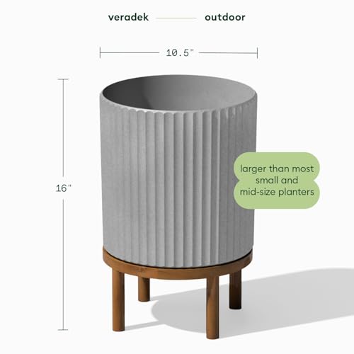 Veradek Demi Series Round Planter w/ Stand for Porch/Patio | Durable Plastic-Concrete & Wooden Stand | Modern Décor for Tall Plants, Flowers - color: Gray/Brown, size: 12 Inch