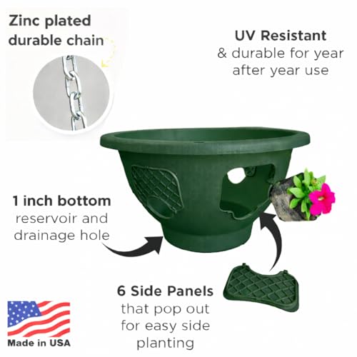 Ultimate Hanging Basket Strawberry & Flower Planter – 6 Side Planting Spaces, Drainage Hole, 1” Water Reservoir, Zinc-Plated Chain Included, Made in the USA (Deep Forest) - color: Deep Forest