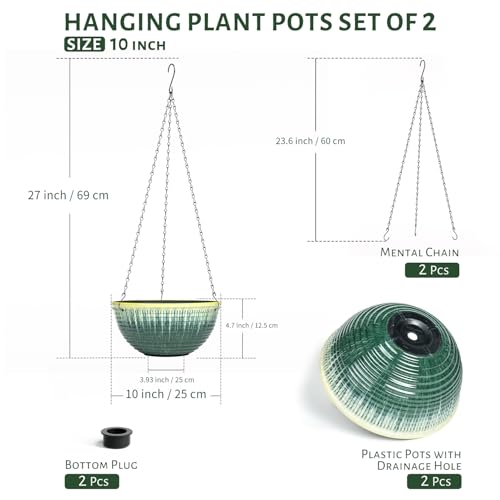 10inch Hanging Planter, 2 Pack Hanging Planters for Indoor and Outdoor Plants, Glazed Hanging Plant Holder with Drainage, Indoor Hanging Flower Pots for Garden Home (Green Glaze) - color: Green Glaze, size: 10 inch