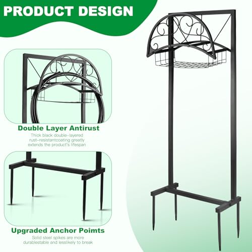 Garden Hose Holder Stand with Storage Basket, Heavy Duty Freestanding Hose Holder for Outside, Holds Up to 150FT Water Hose, Metal Hose Hanger Rack with 4 Anchor Spikes for Yard Lawn Garden