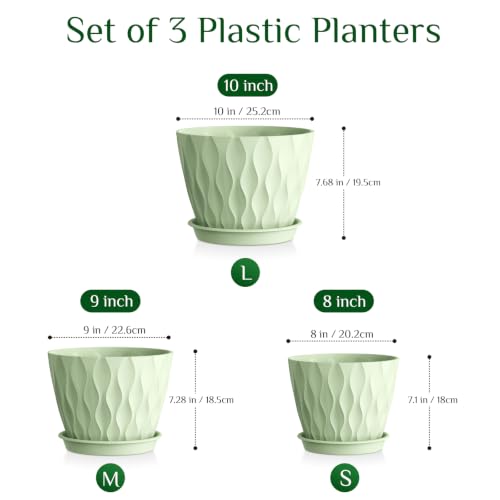 Plant Pots for Indoor Plants 3 Pack 10/9/8 Inch Plastic Planters - color: Green