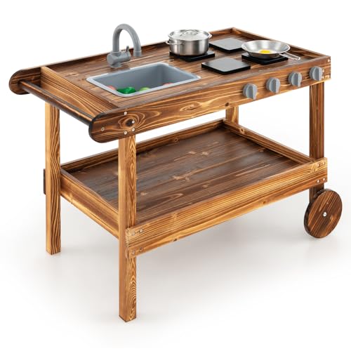 Costzon Mud Kitchen, Outdoor Play Kitchen with Sink, Faucet, Stoves and Cooking Accessories, Storage Shelf, Toddler Wooden Rolling Mud Table Cart, Mud Kitchen for Kids Outdoor - style: Cart Style