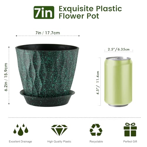Meowell 7 inch Plant Pots for Indoor Outdoor Plants, 5 Pack Thick Flower Pots with Drainage Holes and Saucers, 3D Modern Wave Texture Plastic Planter Nursery Pots, Black with Green Speckles - color: Black With Green Speckles, size: 7 inch 5 pieces