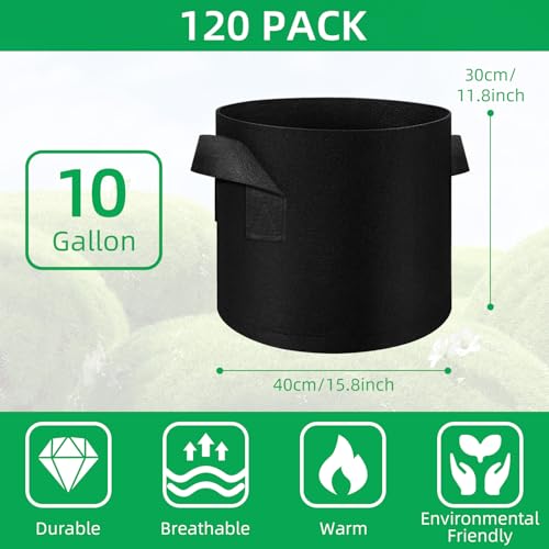 120 Pack Plant Grow Bags, 10 Gallon Felt Non-Woven Aeration Fabric Plant Grow Pots, Thickened Nonwoven Garden Pots with Handles for Fruits, Vegetables, and Flowers - size: 10 Gallons
