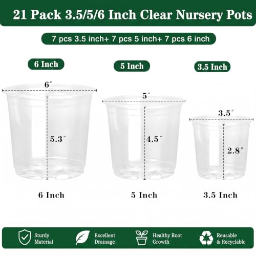 OUPSAUI 21 Pack 3.5/5/6 Inch Clear Nursery Pots for Plants, Clear Plant Pots with Drainage Holes, Flexible Plastic Plant Pots, Seedling Planter Seed Starter Pots(3.5+5+6 Inch) - size: 3.5+5+6 INCH