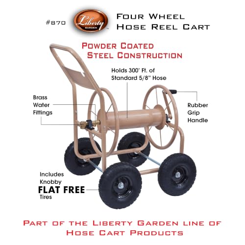 Liberty Garden Industrial 4 Wheel 300 Foot of 0.625 Inch Hose Steel Frame Water Hose Reel Cart for Backyard, Garden, or Lawn, Beige