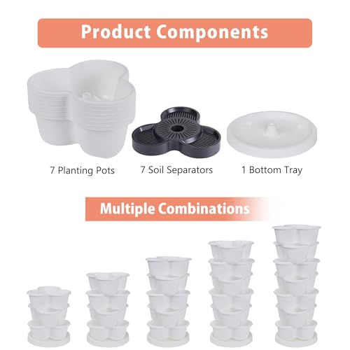 VECELO 7 Tier Vertical Garden Planter, Self Watering Stackable Planters with Wheels for Strawberries, Herbs, Flowers, Vegetables, White - color: White, size: 7 Tier