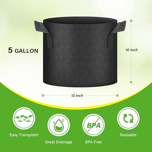HealSmart 6-Pack 5 Gallon Grow Bags, Nonwoven Aeration Fabric Pots with Handles, Cloth Plant Pots, Suitable for Garden Fruits, Vegetables, Tomato and Flowers, Black - color: Black 6 Pack, size: 5 Gallon