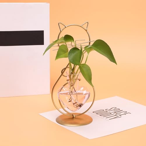 Plant Terrarium Propagation Station Gifts for Women Cat Lover - color: Gold Pink