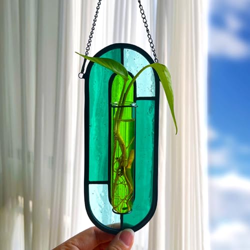 LITMIND Stained Glass Plant Propagation Station, Hanging Hydroponic Planter Terrarium with 2 Glass Tubes - Perfect for Home & Garden Décor - color: Style C01 (Aqua Green)