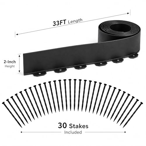 33FT Garden Edging Border, 2 Inch Flexible Landscape Edging with 30 Stakes, Tool-Free No-Dig Plastic Lawn Border for Flower Bed, Yard Patio Outdoor Landscaping