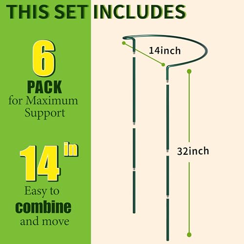 6-Pack Garden Plant Support Cages,14"Diax32"H Heavy Duty Interlinked Half Round Peony Support Rings,Metal Plant Support Stakes for Peony,Tomato,Hydrangea,Rose,Indoor & Outdoor Garden Plant Supports - size: 14"Dx32"H-6PCS