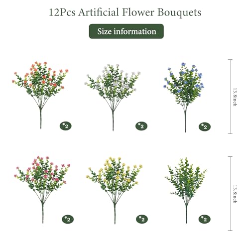 Artificial Flowers Outdoors, 12 Bundles Fake Flowers UV-Anti for Decoration Faux Plastic Plants Garden Porch Window Box Décor, WhitePinkYellowOrangeBlueGreen - color: White+ Pink+ Yellow+ Orange+ Blue+ Green