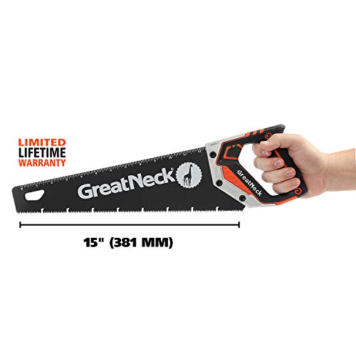 GreatNeck 74003 15" Hand Saw, SK-5 Steel Blade, Tri-Bevel Teeth, Comfort Grip, Aluminum Frame – Wood Cutting Tool for Precise, Fast Cuts - size: 15"