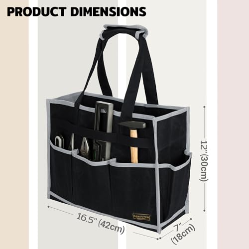 Tool Bag,Tool Pouch with 6 Pockets,Heavy Duty Waxed Canvas Garden Tool Bag Tool Case,16.5 x 7 x 12 Inch & Black - color: Black