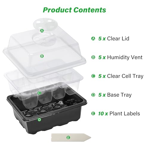 Bonviee 5-Pack Seed Starter Trays, Humidity Dome, Base, 12-Cell Tray, Black - color: Black, size: 5 Packs (60 Cells)