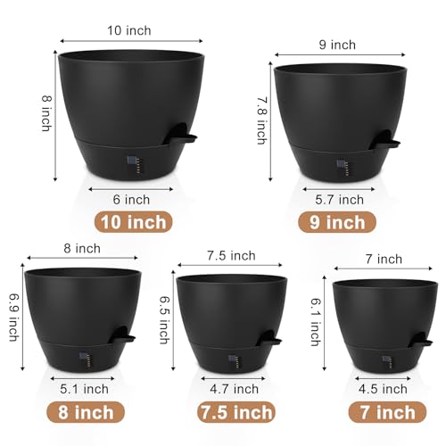 QRRICA Plant Pots 10/9/8/7.5/7 Inch Self Watering Pots, with Drainage Holes and Saucers,Water Level Indicator & Deep Reservoir,Large Plastic Planter for Indoor Out Door Plants (Pure Black) - color: Pure Black, size: 10/9/8/7.5/7 Inch