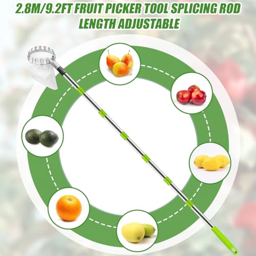Fruit Picker and Gardening Harvest Storage Apron Set - 2.8m/9.2ft Fruit Picker Tool with Telescopic Handle, Stainless Steel Connecting Pole and Drawstring Storage Bag, Picker for Apple Lemon Cherry