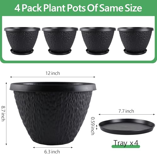 Nooulap 12 inch Plant Pots Outdoor Indoor, 4 Pack, Black - color: Black Pebbles, size: 12 Inch