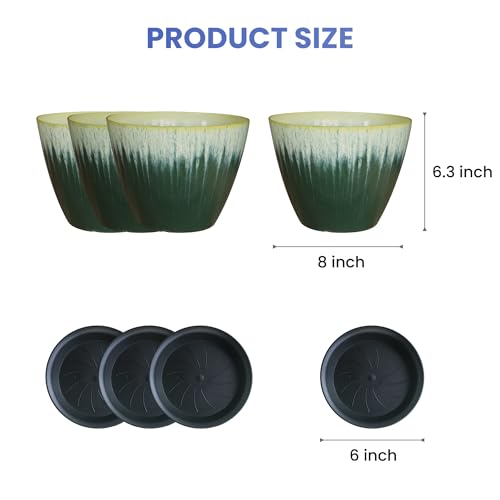 8 inch Plant Pots with Drainage Holes, Pack of 4 Plastic Flower Pots Indoor, Modern Glossy Finishing Planter for Indoor Outdoor Plants (Green Glaze, 4 Pack) - color: Green Glaze, size: 4 pack