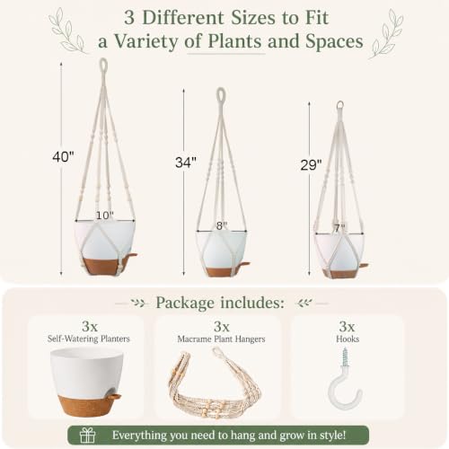 3 Pack Self Watering Hanging Planters for Indoor Plants Large 10/8/7 Inch - color: Self Watering White, size: Large