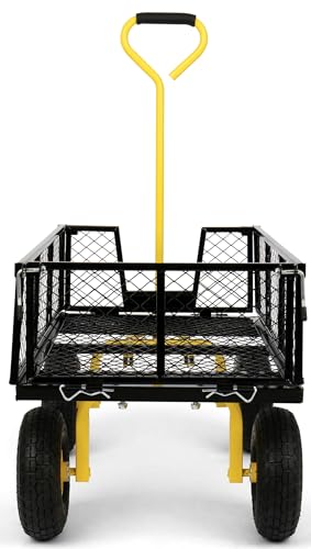 Simpli-Magic Heavy Duty 1100 Lbs Capacity Mesh Steel Garden Cart Folding Utility Wagon Yard Cart with Removable Sides and Large Wheels