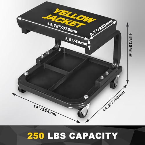 YELLOW JACKET Mechanic Rolling Stool 250 Lbs Capacity, Garage Stool on Wheels with Tool Tray Storage, Work Stools with Wheels for Garage, Shop, Mechanic Chair with Wheels, Auto Repair - size: Medium