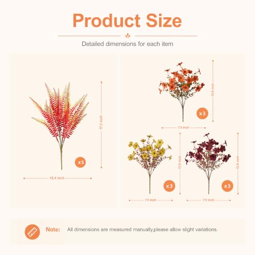 HyeFlora Artificial Fall Flowers for Outdoor Decoration, 14 Bundles Faux Silk Colorful Mums Ferns UV Resistant Realistic Fake Flowers for Home Porch Patio Yard Window Box (3 Colors Mixed) - color: 3 Fall Colors Mix With Fern
