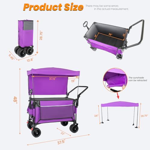 Folding Wagon Cart with Removable Canopy 480LBS Utility Cart on Wheels - color: Purple Canopy
