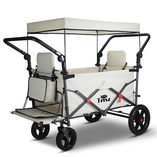 TMZ Foldable Wagon with Rain Cover & 2 Seats, Collapsible Folding Wagon with Adjustable Handle Bar, Multi Functional Cart with Canopy, Front Expandable Garden Cart (Transparent/Beige) - color: Transparent/Beige