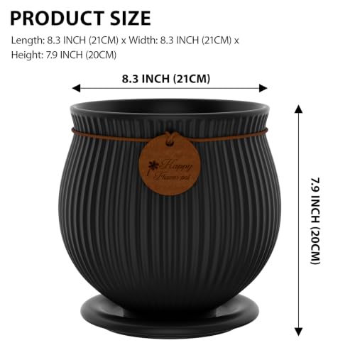8.3 Inch Black Ceramic Planter with Drainage Hole and Saucer - color: Matte Black, size: Large