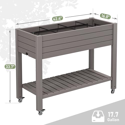 33.7" Tall Raised Garden Bed with Wheels, Divisible Resin Planter Box with Drainage Gauge & Storage Shelf, Herb Planter for Garden Patio Backyard, Medium Gray (33.7" h) - color: Medium Gray, size: 33.7"h