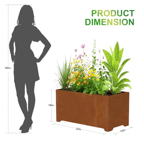 32" Metal Large Rectangular Planter - Cor ten Steel Planter Box with Legs - color: Rusty, size: 32" L x 15" W x 15" H