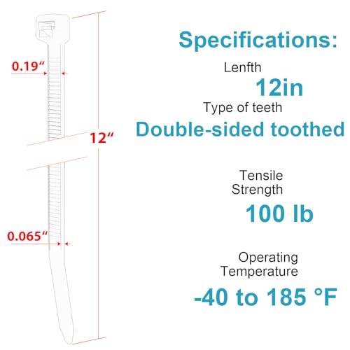 12 Inch Zip Ties Double Sided Toothed,100 LBS Tensile Strength Heavy Duty Cable Wire Ties With Self-Locking Adjustable More Durable Nylon Tie Wraps for Indoor Outdoor(100 Pack) - size: 12 inch 100 Pack (100 Lbs )