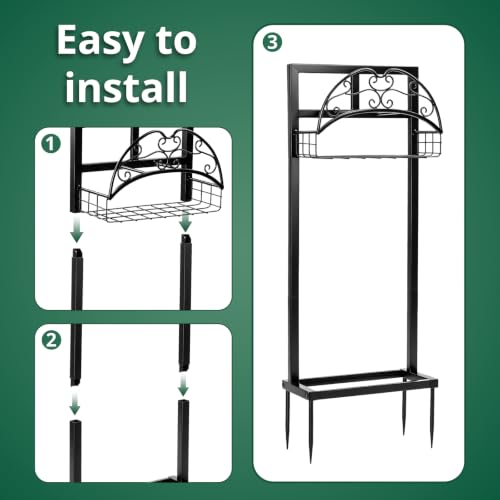 Garden Hose Holder with Storage Basket, Heavy Duty Freestanding Water Hose Stand with 4 Ground Spikes, Garden Hose Holder, Water Hose Stand, Hose Rack, Storage Basket, Outdoor Organizer - Black