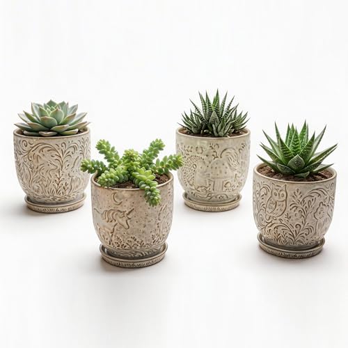 Ceramic Animal Embossed Planter Pots with Drainage Holes and Saucers, 4 Inch, Set of 4, Assorted Designs - color: White, size: 4 Inch