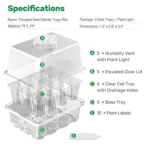 Bonviee 10-Pack Seed Starter Trays, Tall Dome, Base, 12-Cell Tray, Clear - color: Clear, size: 10 Packs (120 Cells)