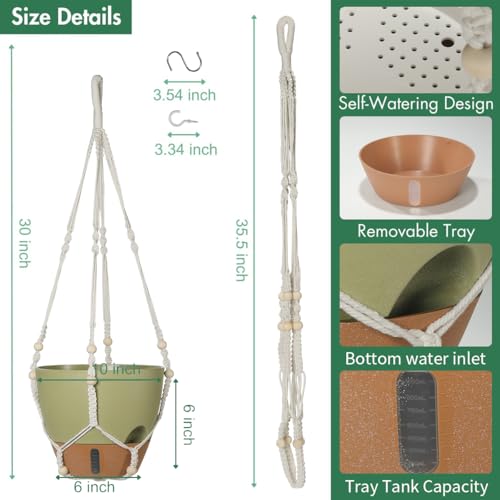 Self-Watering Hanging Planters for Indoor Plants Set 2-Piece Includes Plant Hanging Pot, Drainage-Hole Hanging Pot, and Hanging Basket Rack (10 Inches, Green) - color: Green
