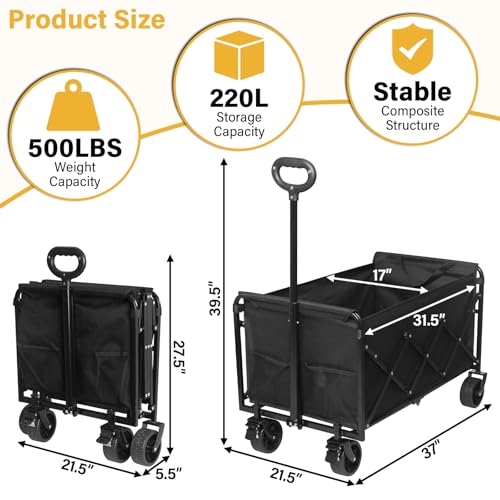 Collapsible Wagons Carts Foldable Heavy Duty, 500LBS Collapsible Wagon Cart - color: Deep Black