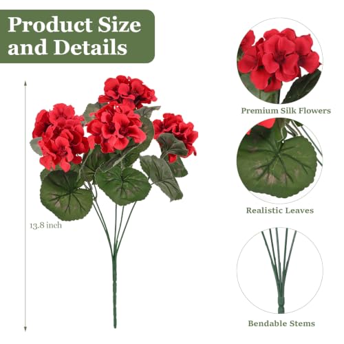 6 Pcs Artificial Geraniums Flowers for Outdoors Realistic Faux Silk Geraniums Red Fake Flowers UV Resistant Outdoor Flowers Plants for Front Porch Patio Garden Home Decor (6, Red) - color: Red