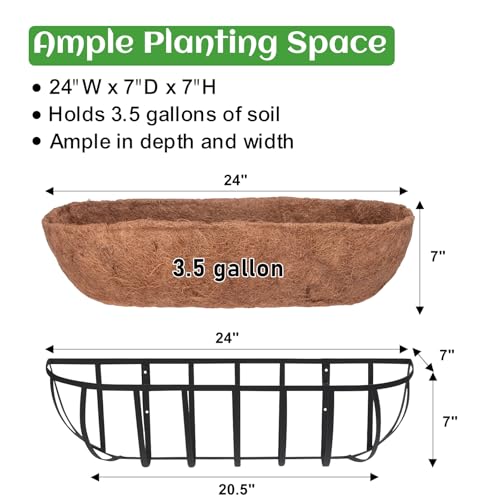 GameXcel 24 Inch Over Railing Planter 2 Pack - Window Box or Wall Mounted Flower Box with Coco Liner and Adjustable Hooks - Metal Deck Balcony Planter with Expansion Screws for Deck Fence Porch