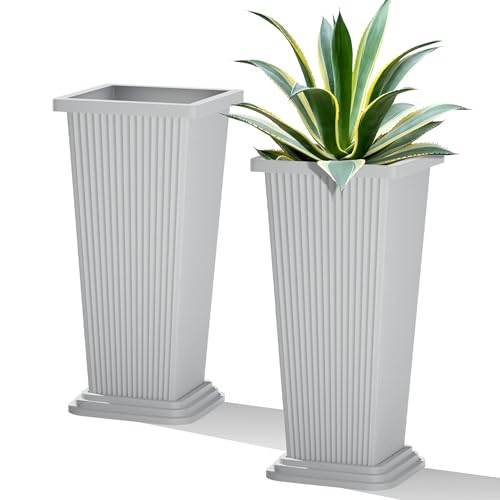 TUYOHW 24 Inch Tall Tapered Square Planters (Set of 2) - Indoor Outdoor Large Flower Pots with Built-in Drainage & Matching Water Tray for Patio, Garden, Home - White - color: White-ribbed