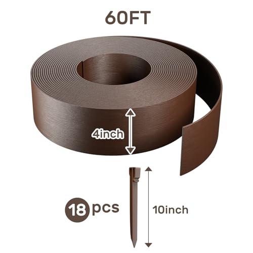 AGTEK 60FT Landscape Edging Coil Kit 4 inch High for Flower Bed, 18 Stakes - color: Brown, size: 4in X 60FT