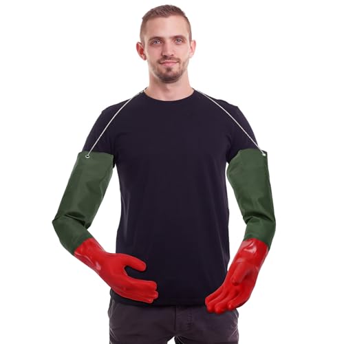 Okllen 2 Pair Long Waterproof Gloves, 27 Inch Elbow Gloves, PVC Chemical Resistant, Acid/Oil Resistant, Insulated Cotton Lined for Cleaning, Pond, Chemical Work, Red & Blue