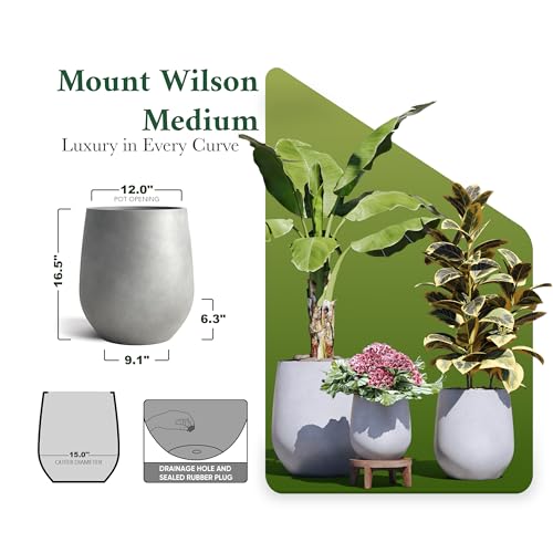 DTY Premium Mt Wilson Tall Tapered Fiberstone Planter for Indoor Outdoor Use, Modern Large Olive Tree Pot with Drainage Hole, Includes 2 Coco Mats. Gray, Medium 15'' D x 16.7” H. 11.2” Pot Opening - color: Gray, size: 15'' D x 16.7'' H