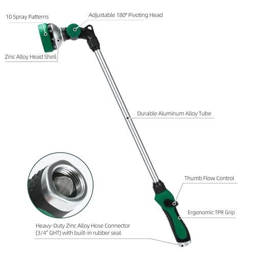 Watering Wand for Garden Hose, 24 Inch, Heavy Duty, 10 Spray Patterns, Thumb Control Hose Nozzle with 180° Pivoting Head, Ideal for Hanging Baskets, Plants and Shrubs - color: Green