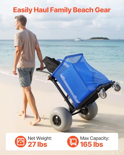 VEVOR Beach Cart with Large Wheels for Sand, 165 lbs Load Capacity, Heavy Duty Folding Beach Wagon with 12" Balloon Wheels, Storage Bag, 180° Adjustable Handlebar, Dolly for Camping Fishing Garden - size: 12" Balloon Wheels